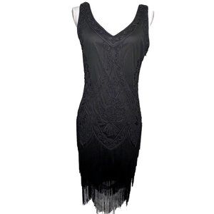 Babeyond Women’s M Black Flapper Dress Embroidered With Fringe Great Gatsby 20's